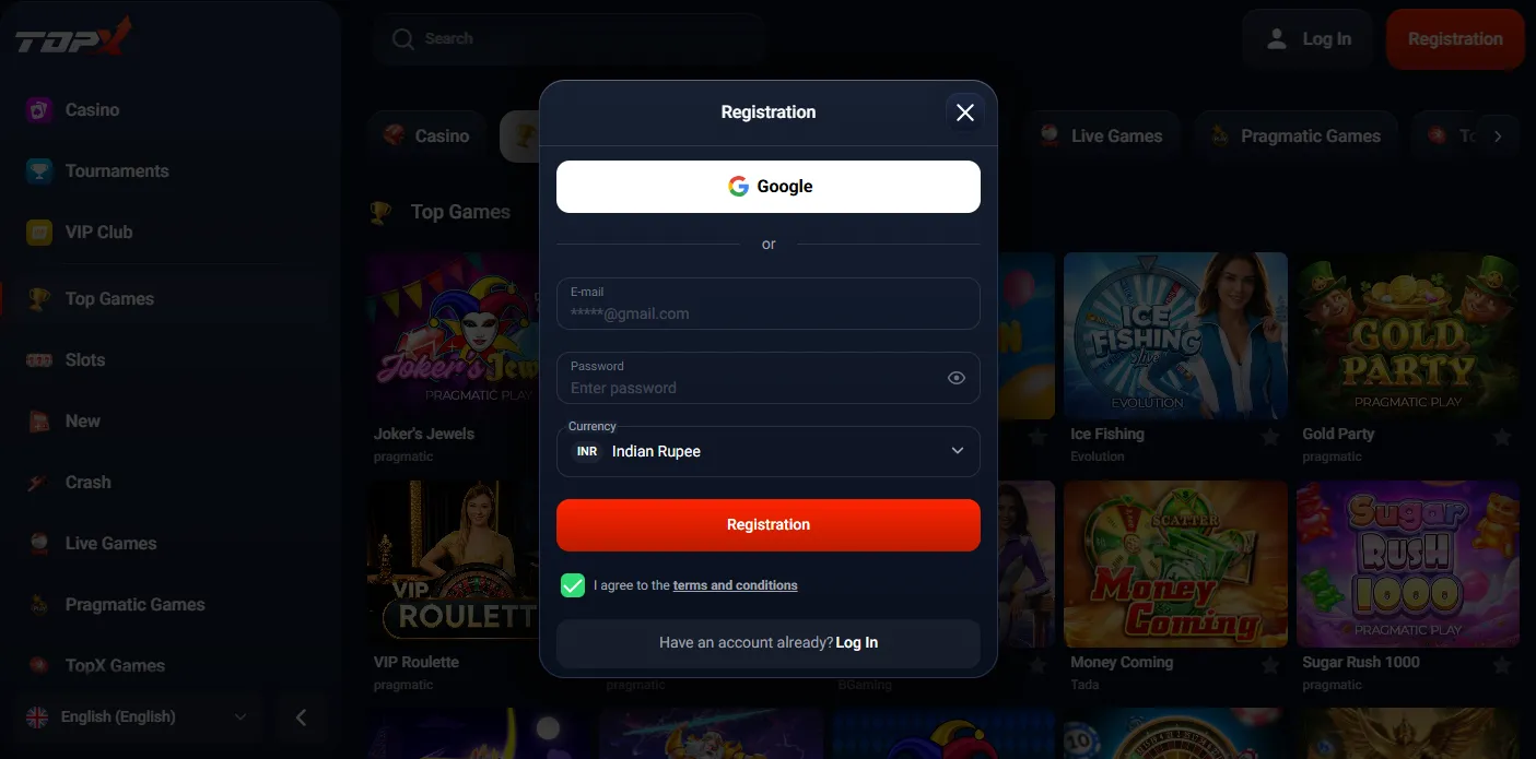 Top X Casino account registration first experience India