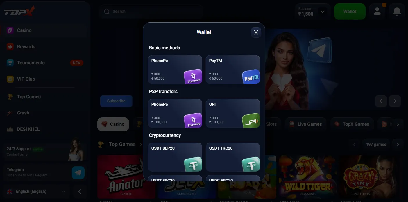 Deposits at Top X India casino local options and crypto