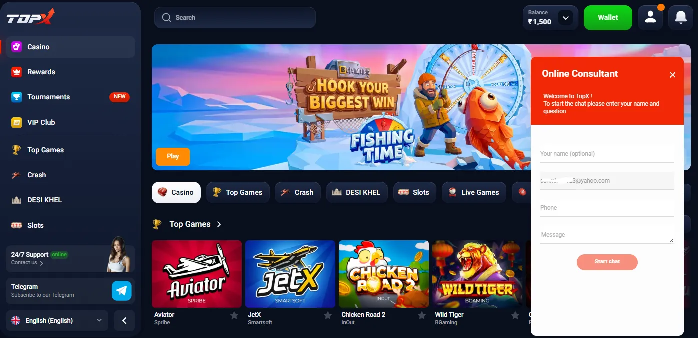 Tech support contacts TopX Casino login account issues